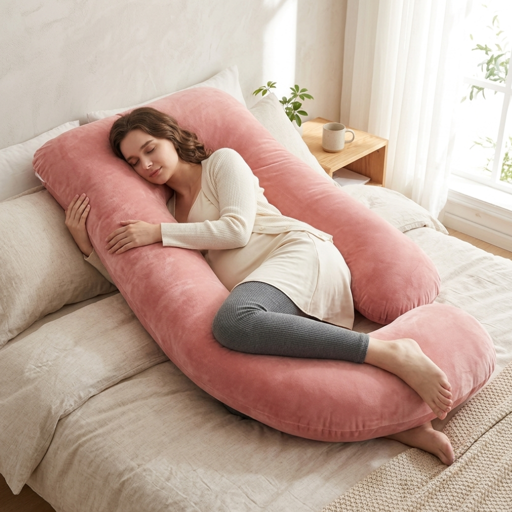 J-Shape Maternity Pillow – Full-Body Velvet Support & Cozy Sleep Cocoon
