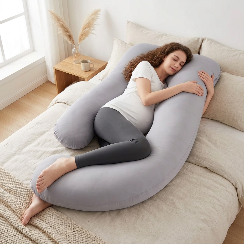 J-Shape Maternity Pillow – Full-Body Velvet Support & Cozy Sleep Cocoon