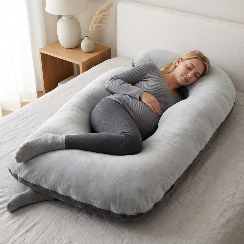 J-Shape Maternity Pillow – Full-Body Velvet Support & Cozy Sleep Cocoon