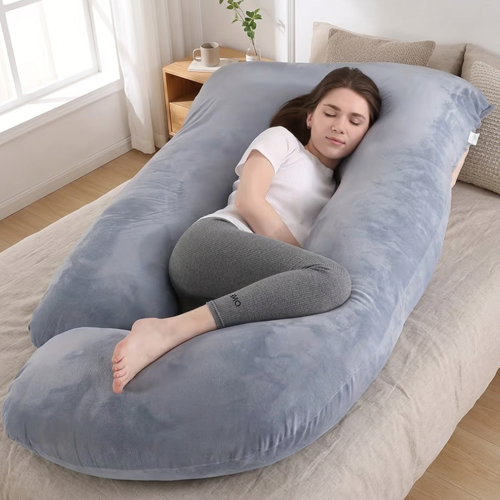 J-Shape Maternity Pillow – Full-Body Velvet Support & Cozy Sleep Cocoon