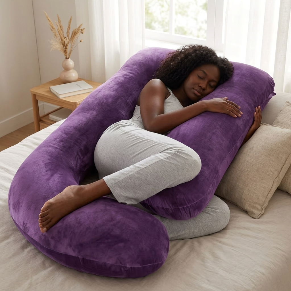 J-Shape Maternity Pillow – Full-Body Velvet Support & Cozy Sleep Cocoon