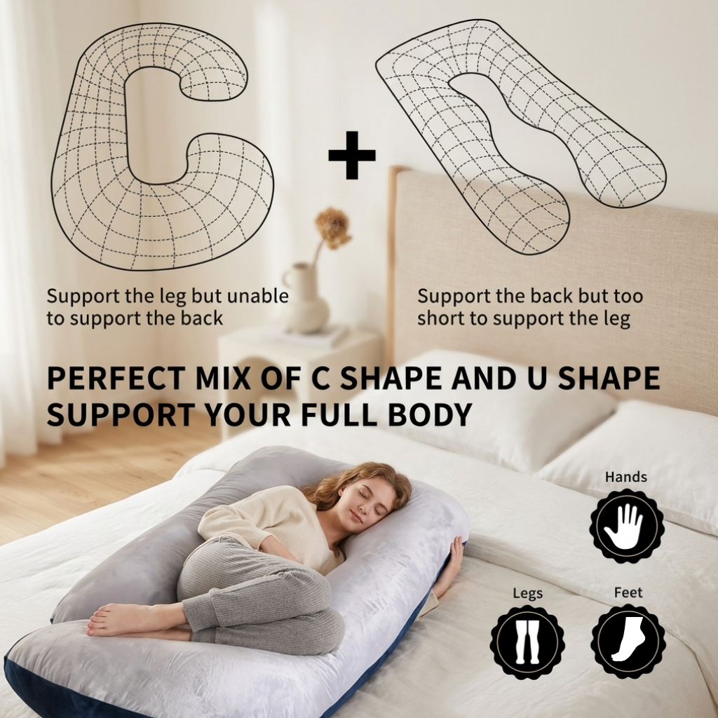 J-Shape Maternity Pillow – Full-Body Velvet Support & Cozy Sleep Cocoon
