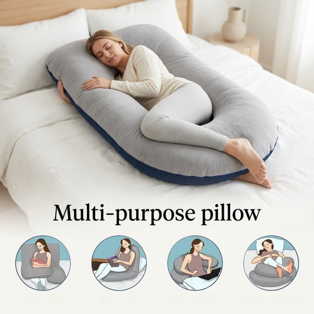 J-Shape Maternity Pillow – Full-Body Velvet Support & Cozy Sleep Cocoon